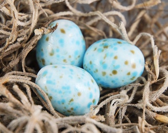 Large Robin Egg Lampwork Glass Bead, Bird Lovers, Blue Brown Handmade Jewelry Supplies