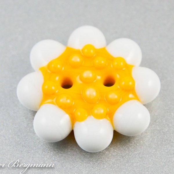 Decorative Lampwork Glass Button Bead, Yellow White Daisy Flower, Two-Hole Handmade SRA