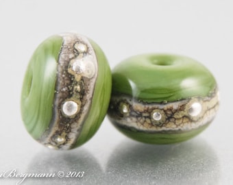 Silvered Olive Earring Pair with Spacers, Handmade Green Lampwork Glass Beads