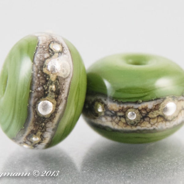 Silvered Olive Earring Pair with Spacers, Handmade Green Lampwork Glass Beads