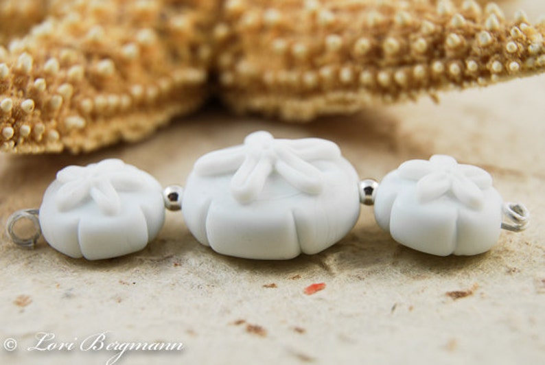 Handmade Sand Dollar Lampwork Bead Set, Soft White Beach Glass, Focal and Earring Pair image 3