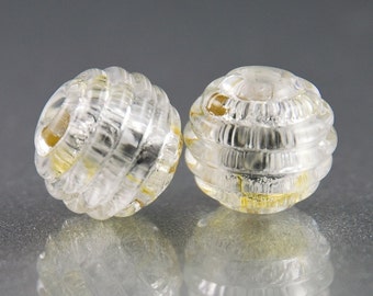 Silver Gold Sparkle Lampwork Glass Beads, Earring Pair, Ribbed Texture, Modern, Jewelry Supplies