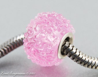 Pink Sugar Big Hole Glass Charm Bead with Sterling Core, Handmade Lampwork Bracelet Bead