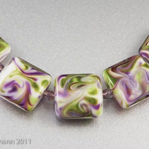 Violet Swirls Handmade Glass Lampwork Beads, Purple and Green Square Nuggets image 4