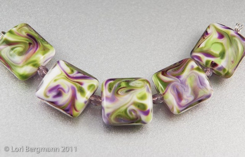 Violet Swirls Handmade Glass Lampwork Beads, Purple and Green Square Nuggets image 4