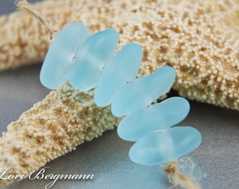 Aqua Blue Lampwork Beads, Sea Glass Discs, Etched, Handmade SRA, Rustic Style