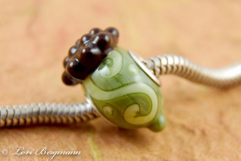 Green Acorn Large Hole Charm Bead, Lampwork Glass, Fall, Autumn, Handmade SRA image 2