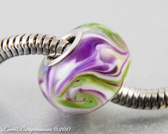 Spring Violets Glass Large Hole Charm Bead, Purple and Green Handmade Lampwork