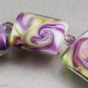 Violet Swirls Handmade Glass Lampwork Beads, Purple and Green Square Nuggets image 1
