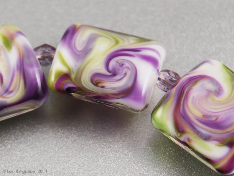 Violet Swirls Handmade Glass Lampwork Beads, Purple and Green Square Nuggets image 1