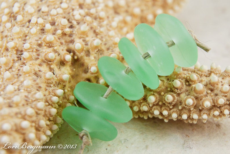 Bottle Green Lampwork Beads, Beach Style Glass Discs, Etched Coin Beads, Handmade image 3
