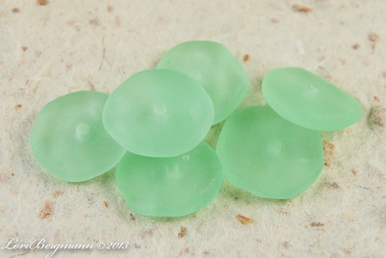 Bottle Green Lampwork Beads, Beach Style Glass Discs, Etched Coin Beads, Handmade image 2