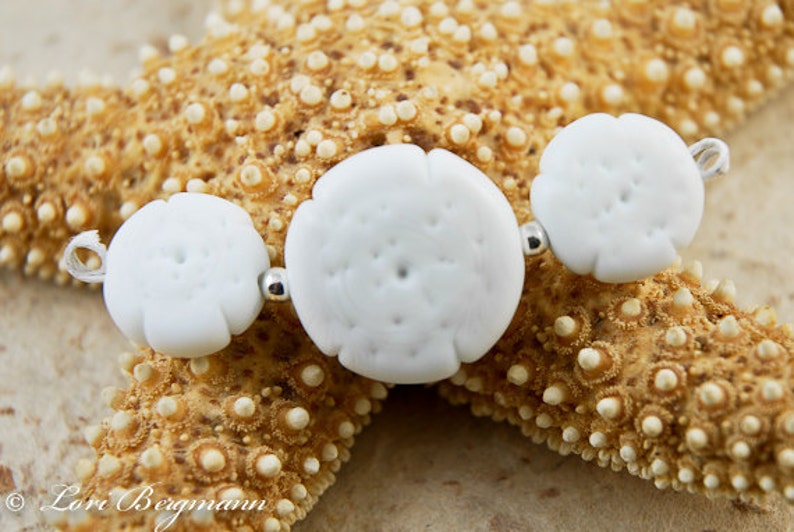 Handmade Sand Dollar Lampwork Bead Set, Soft White Beach Glass, Focal and Earring Pair image 4