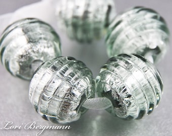 Antique Silver Handmade Lampwork Beads, Ribbed Texture, Mercury Glass style