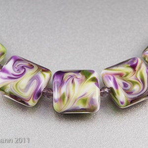 Violet Swirls Handmade Glass Lampwork Beads, Purple and Green Square Nuggets image 2
