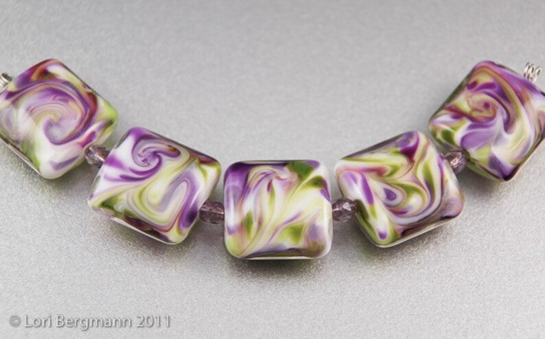 Violet Swirls Handmade Glass Lampwork Beads, Purple and Green Square Nuggets image 2