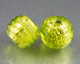 Peridot Green Lampwork Beads, Earring Pair, Ribbed Texture, Silver, Handmade Glass