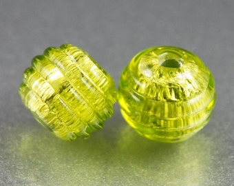 Peridot Green Lampwork Beads, Earring Pair, Ribbed Texture, Silver, Handmade SRA Glass