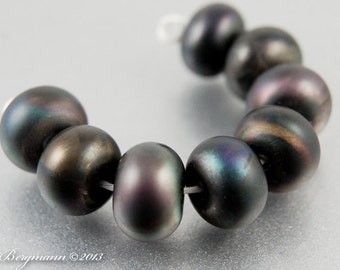 Black Metallic Lampwork Spacers, Handmade Glass Beads, Rainbow Satin Finish