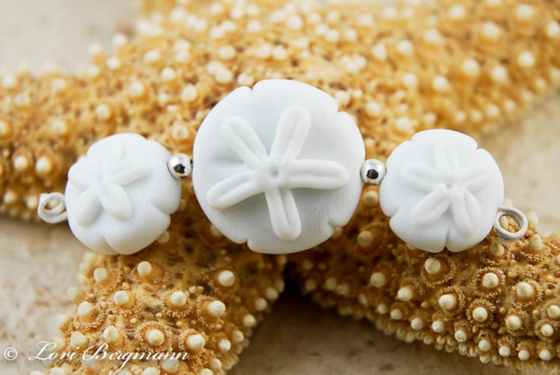 Handmade Sand Dollar Lampwork Bead Set, Soft White Beach Glass, Focal and Earring Pair image 1