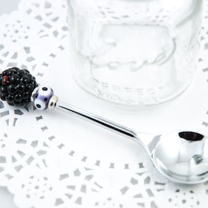 Blackberry Jelly Spoon, Stainless Steel Jam Spoon, Handmade Lampwork Glass Beads