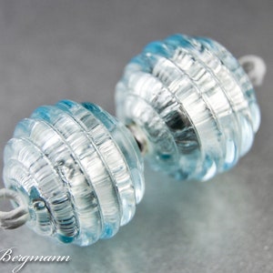 Handmade Lampwork Glass Beads, Ice Blue Earring Pair with Ribbed Texture