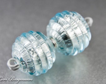 Handmade Lampwork Glass Beads, Ice Blue Earring Pair with Ribbed Texture