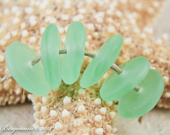 Bottle Green Lampwork Beads, Beach Style Glass Discs, Etched Coin Beads, Handmade