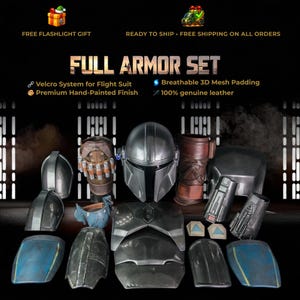 May include: A full armor set with a metallic helmet, chest plate, and various other pieces. The set includes a helmet, gauntlets, shoulder pads, and leg armor. The armor is hand-painted and made of genuine leather. The text "FULL ARMOR SET" is displayed.