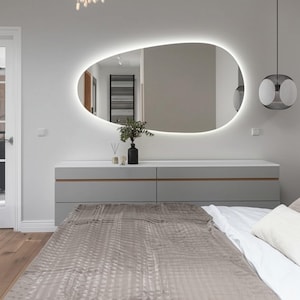 Asymmetrical LED Backlit Mirror: Modern Hanging Bathroom Light