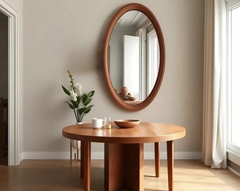 Oak Wood Round Wall Mirror: Elegant Home Decor