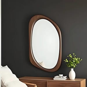 Decorative Asymmetrical Modern Wooden Mirror - Large Mid Century Modern Walnut Wooden Wall Mirror -  Wavy Home Decor Mirror - Round Mirror