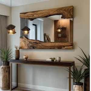 Live Edge Wooden Mirror - Handcrafted Live Edge Mirror - Live Edge Statement Mirror - Asymmetrical Natural Wood Frame Mirror Handmade Mirror