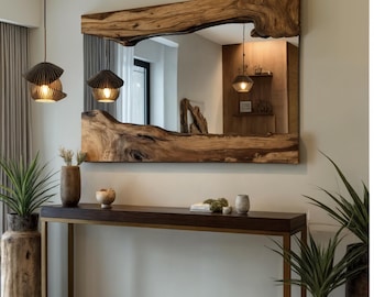 Espejo de madera con borde natural hecho a mano: marco natural asimétrico