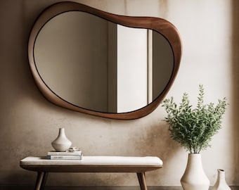 Asymmetrical Walnut Wood Mirror: Mid Century Modern Wall Decor