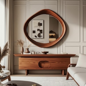 Walnut Wooden Frame Mirror - Round Framed Walnut Mirror - Modern Walnut Wood Mirror -  Aesthetic Handmade Natural Wood Live Edge Mirrors