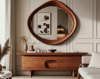 Handmade Walnut Wood Round Mirror: Modern Live Edge Design