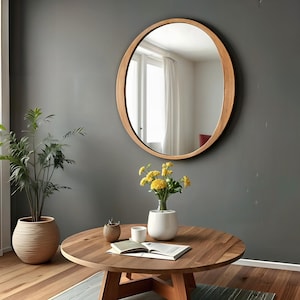 Wood Round Wall Mirror for Bathroom - Oak Large Wooden Entryway Mirror - Circle Wood Mirror - Wood Frame Mirror Wall Decor - Walnut Mirror