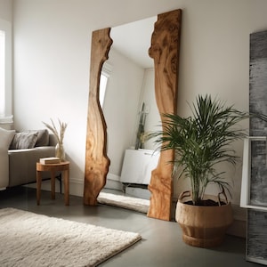 Full Body Live Edge Wood Detail Mirror - Handmade Olive Wood Natural Mirror - Irregular Wood Frame Mirror -Real Wood Rustic Wall Wavy Mirror