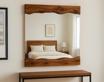 Espejo de madera con borde natural - Espejo asimétrico de madera de olivo - Espejo de pared rústico - Espejo rectangular de madera - Espejo rectangular grande de madera de olivo