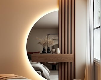 Half Moon Backlit Wall LED Mirror - Vanity Mirror With Led Lights - Bathroom Light Modern Mirror - Bathroom Half Moon Decor Led Mirror -Gift