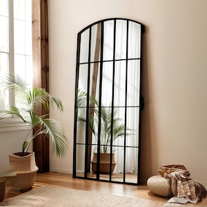 Full Length Arched Window Mirror: Black Grid Frame, French Design