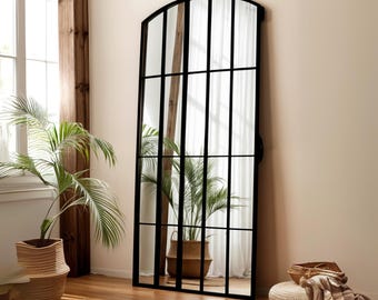 Full Length Arched Window Pane  Mirror - Vintage-Inspired Wall Mirror with Black Grid Frame - Elegant French Design Mirror for Home Decor