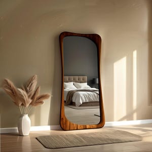 Asymmetrical Walnut Floor Mirror: Mid Century Modern Full Length