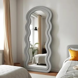 Full Length Wave Mirror: Teddy Velvet Frame, Asymmetrical Design