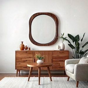 Wood Frame Wall Mounted Mirror - Natural Design Wooden Mirror - Large Walnut Wall Mirror - Asymmetrical Wooden Frame Mirror - Wood Mirror