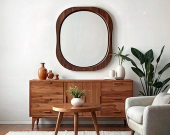 Asymmetrical Walnut Wood Frame Wall Mirror: Natural Design