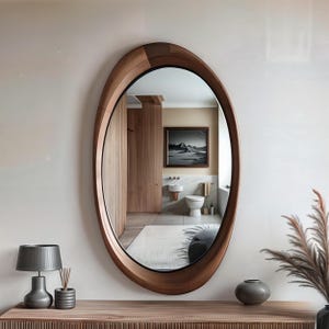 Irregular Wood Framed Modern Mirror - Walnut Wall Mirror - Unique Bathroom Mirror -Modern Asymmetrical Wood Wall Mirror - Mid Century Mirror