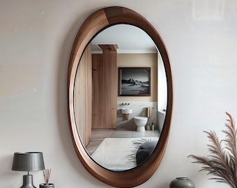 Irregular Walnut Framed Mirror: Modern Asymmetrical Wood Wall Decor