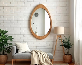 Espejo de tocador con marco ovalado de roble: decoración de pared de madera hecha a mano